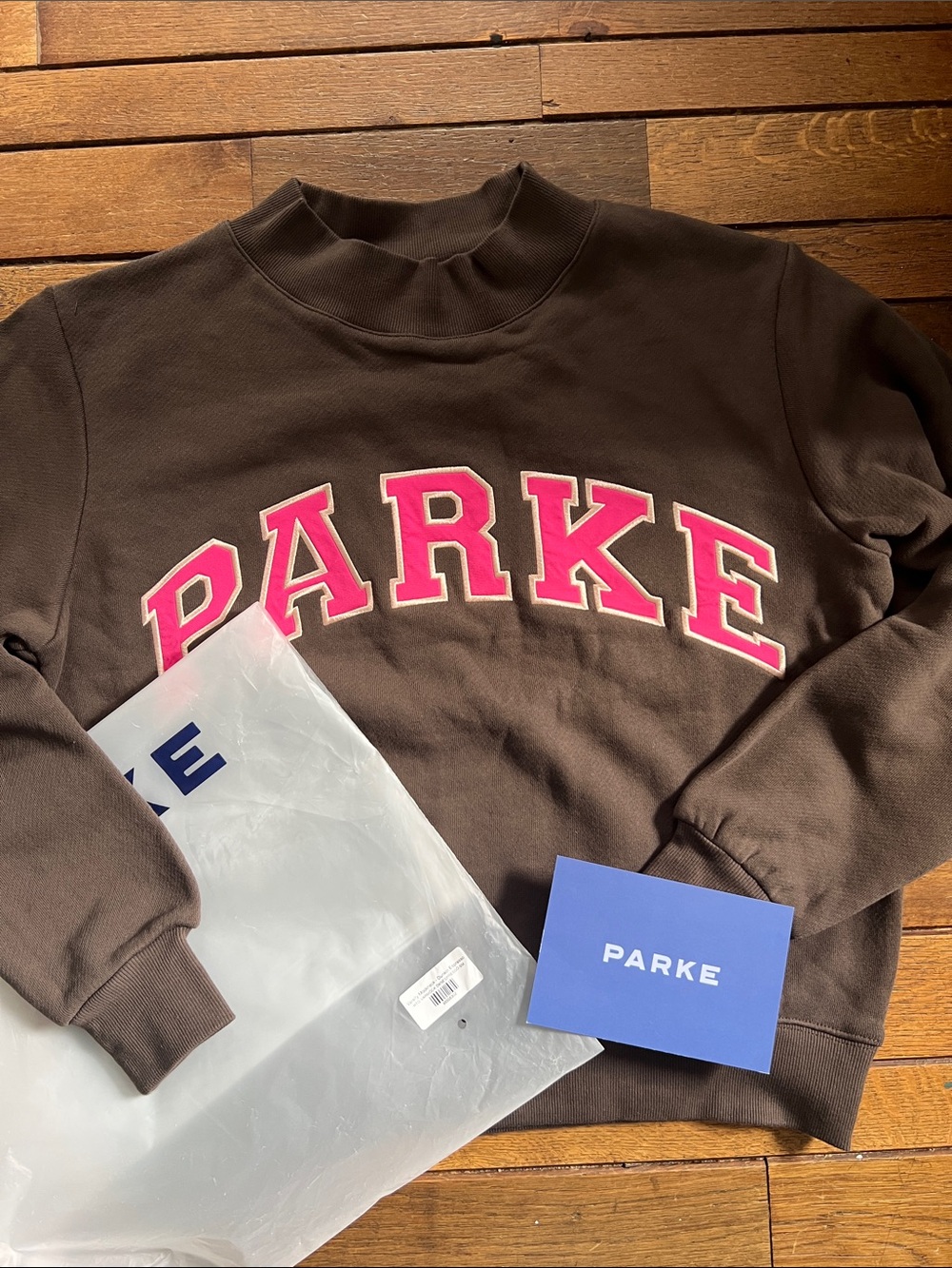 PARKE Espresso Varsity Heritage Mockneck Sweatshirt Size S/M New In Bag NWT